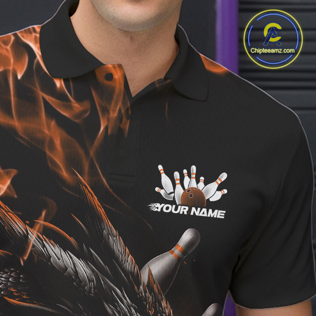 Custom Black And Orange Flame Dragon Bowling Men Polo Shirt, Dragon Bowling League Shirt IPHW10275