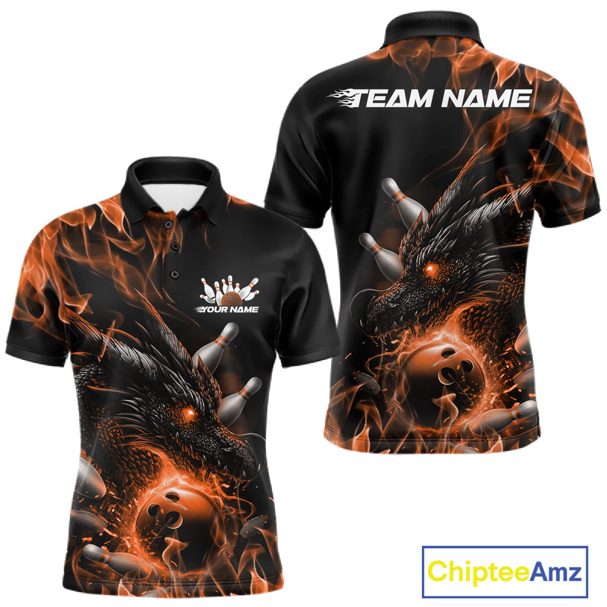Custom Black And Orange Flame Dragon Bowling Men Polo Shirt, Dragon Bowling League Shirt IPHW10275