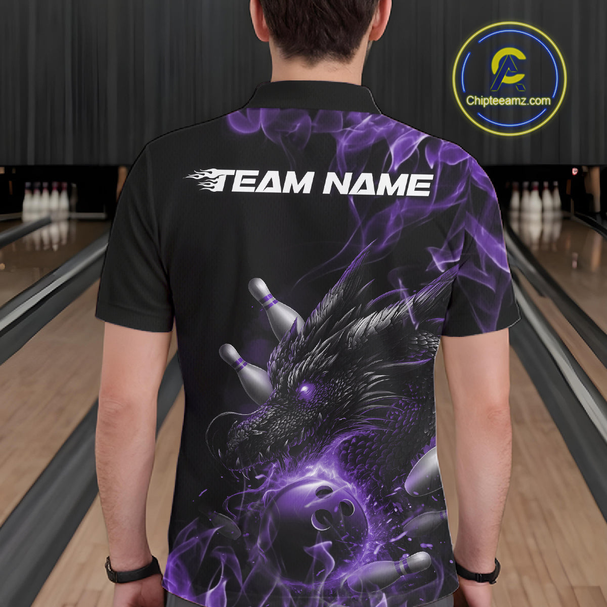 Custom Black And Purple Flame Dragon Bowling Men Polo Shirt, Dragon Bowling League Shirt IPHW10276