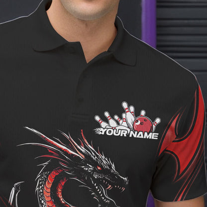 Custom Black And Red Flame Dragon Bowling Tournament Polo Shirts For Men, Bowlers Outfits IPHW8656