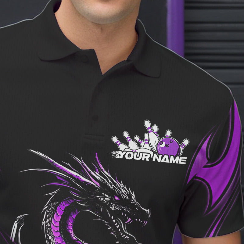 Custom Black And Purple Flame Dragon Bowling Tournament Polo Shirts For Men, Bowlers Outfits IPHW8657
