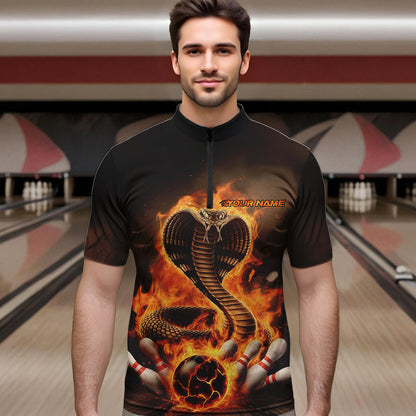 Custom Flame Cobra Snake Bowling Team Quarter-Zip Shirts For Men, Bowling Tournament Outfit IPHW8666
