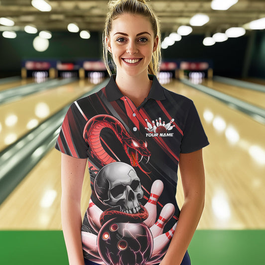 Custom Black And Red Snake Skull Bowling Polo Shirts For Women, Bowling Team Shirt IPHW8670
