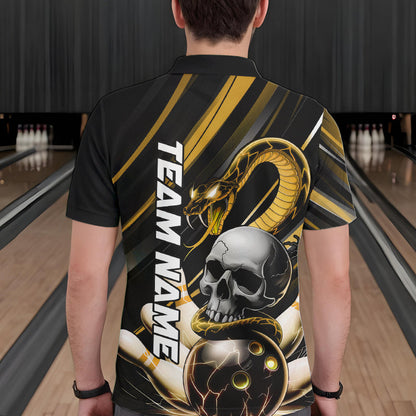 Custom Black And Yellow Snake Skull Bowling Polo Shirts For Men, Bowling Team Shirt IPHW8671