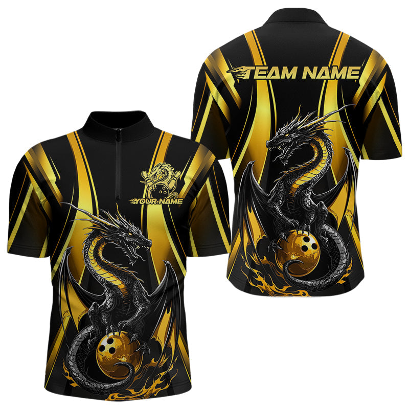 Custom Yellow Dragon Bowling Jerseys, Dragon Bowling Men Quarter-Zip Shirts Bowling League Shirt IPHW8927