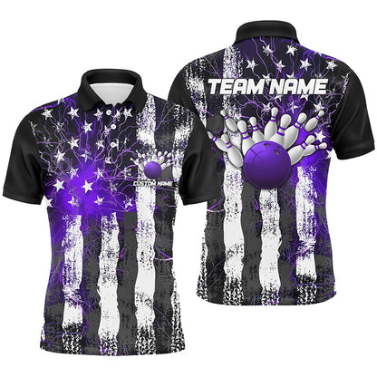Purple Thunder Lightning American Flag Custom Unisex Bowling Team Shirts, Patriotic Bowlers Outfit IPHW6492