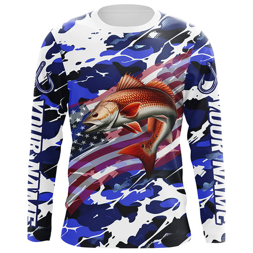 Redfish Fishing American Flag Blue Camo Custom Long Sleeve Shirts, Redfish Saltwater Fishing Shirts IPHW6508