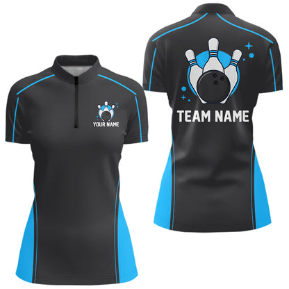 Custom Black And Ball Blue Classic Bowling Women Quarter-Zip Shirt, Bowling League Shirt IPHW9911