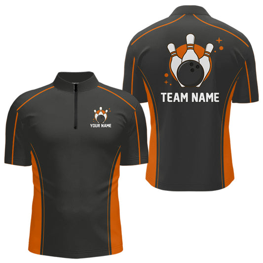 Custom Black And Orange Classic Bowling Team Quarter-Zip Shirt For Men, Bowling League Shirt IPHW9913