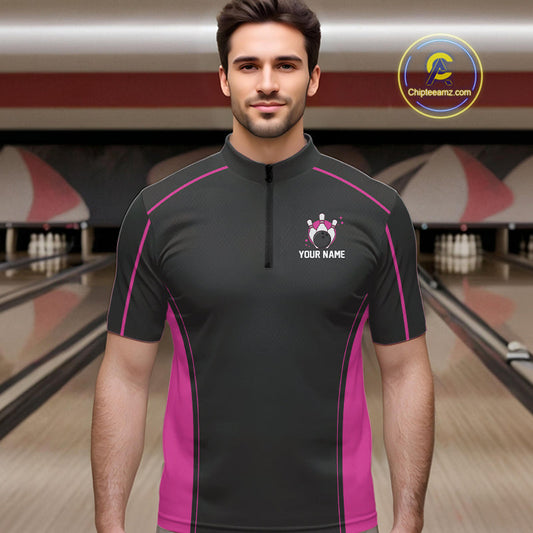 Custom Black And Pink Classic Bowling Team Quarter-Zip Shirt For Men, Bowling League Shirt IPHW9915