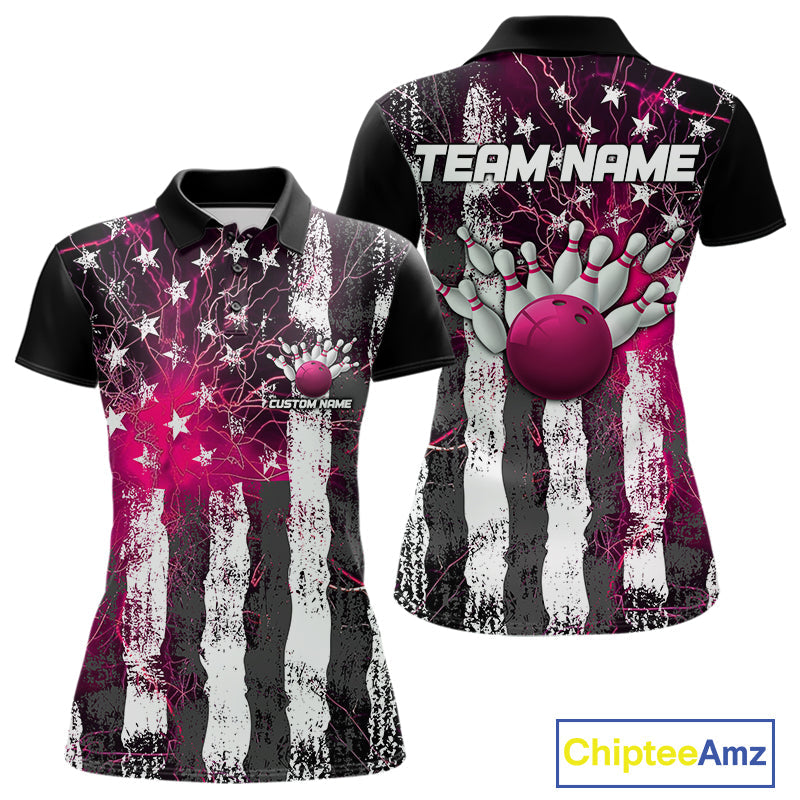 Pink Lightning US Flag Custom Bowling Team Jersey, Patriotic Bowling Polo Shirt For Women IPHW9916