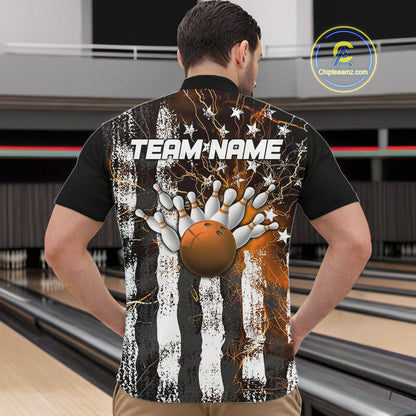 Orange Lightning US Flag Custom Bowling Team Jerseys, Patriotic Bowling Quarter-Zip Shirt For Men IPHW9917