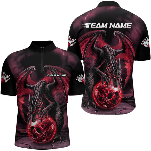 Black And Red Custom Bowling Team Shirts For Men, Dragon Bowling Uniform Bowler Outfits IPHW7991