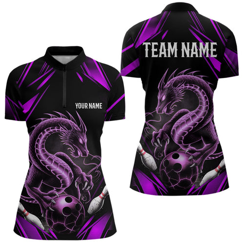 Custom Black And Purple Dragon Women Bowling Quarter-Zip Shirt, Dragon Bowling League Shirt IPHW8673