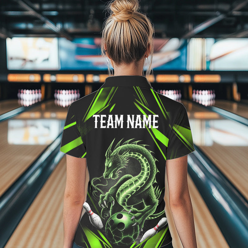 Custom Black And Green Dragon Bowling Polo Shirts For Women, Dragon Bowling League Shirt IPHW8674