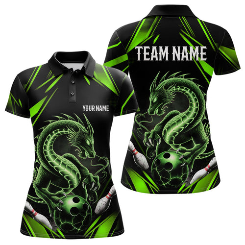 Custom Black And Green Dragon Bowling Polo Shirts For Women, Dragon Bowling League Shirt IPHW8674