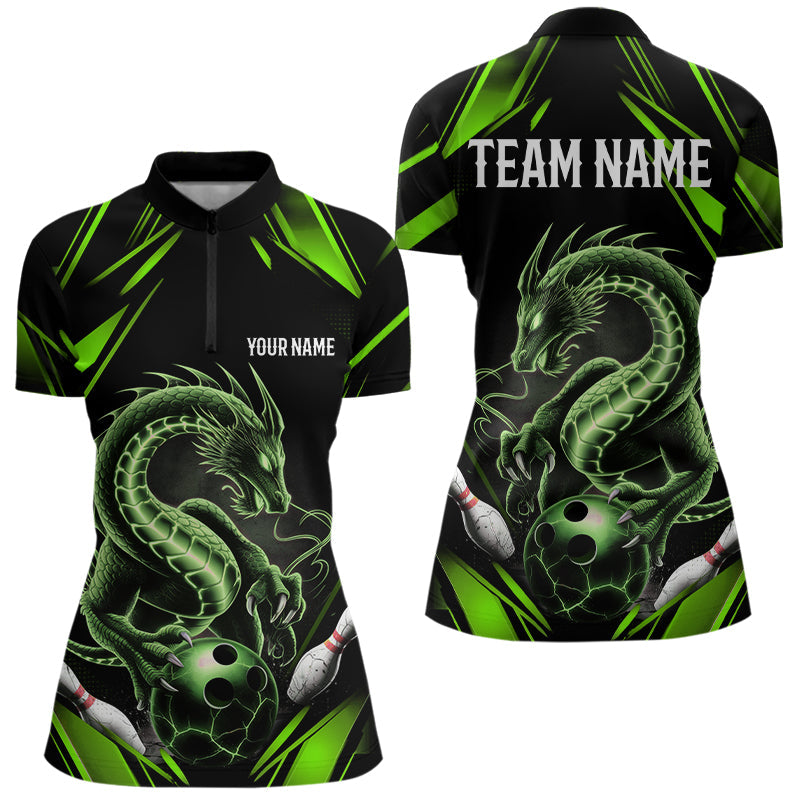 Custom Black And Green Dragon Womens Bowling Quarter-Zip Shirt, Dragon Bowling League Shirt IPHW8674