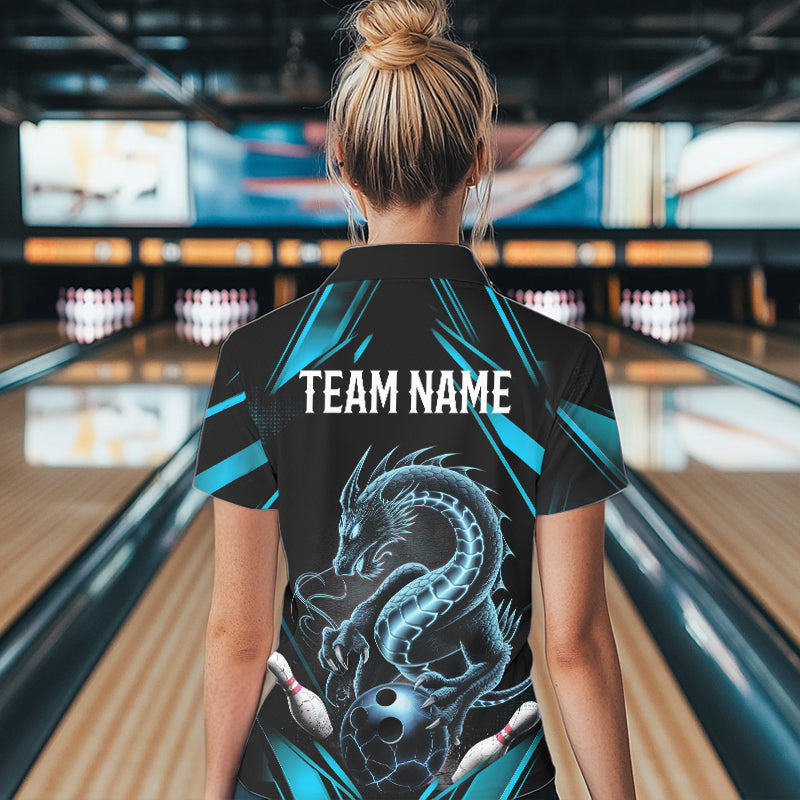 Custom Black And Blue Dragon Bowling Polo Shirts For Women, Dragon Bowling League Shirt IPHW8675