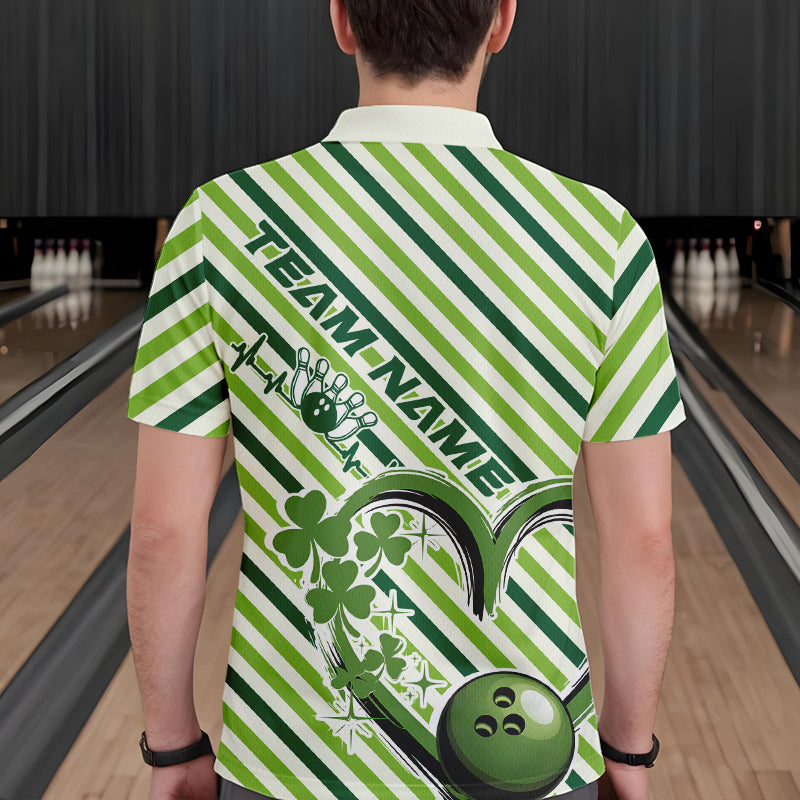 Custom Saint Patricks Day Heart Bowling Polo Shirt For Men, Lucky Bowling Team League Shirt IPHW8683