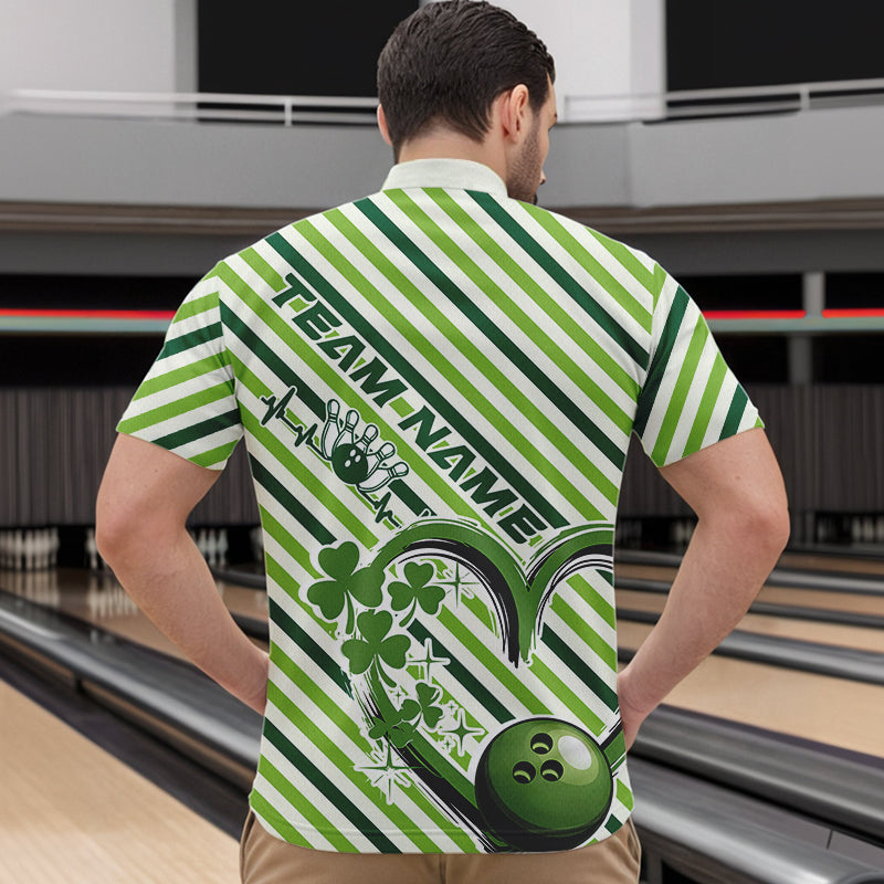 Custom Saint Patricks Day Heart Bowling Quarter-Zip Shirt For Men, Lucky Bowling Team League Shirt IPHW8683