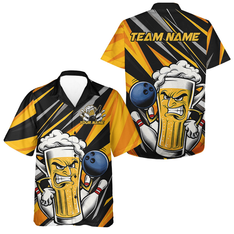 Custom Black And Yellow Funny Beer Bowling Men And Women Hawaiian Shirts, Angry Beer Glass Bowling Jersey IPHW8933