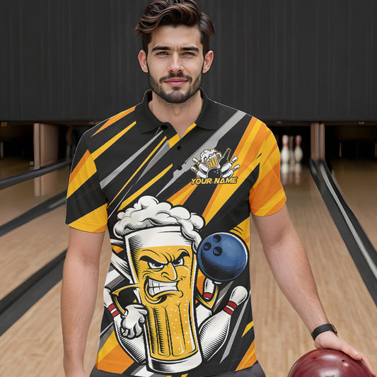 Custom Black And Yellow Funny Beer Bowling Men Polo Shirts, Angry Beer Glass Bowling Jersey IPHW8933