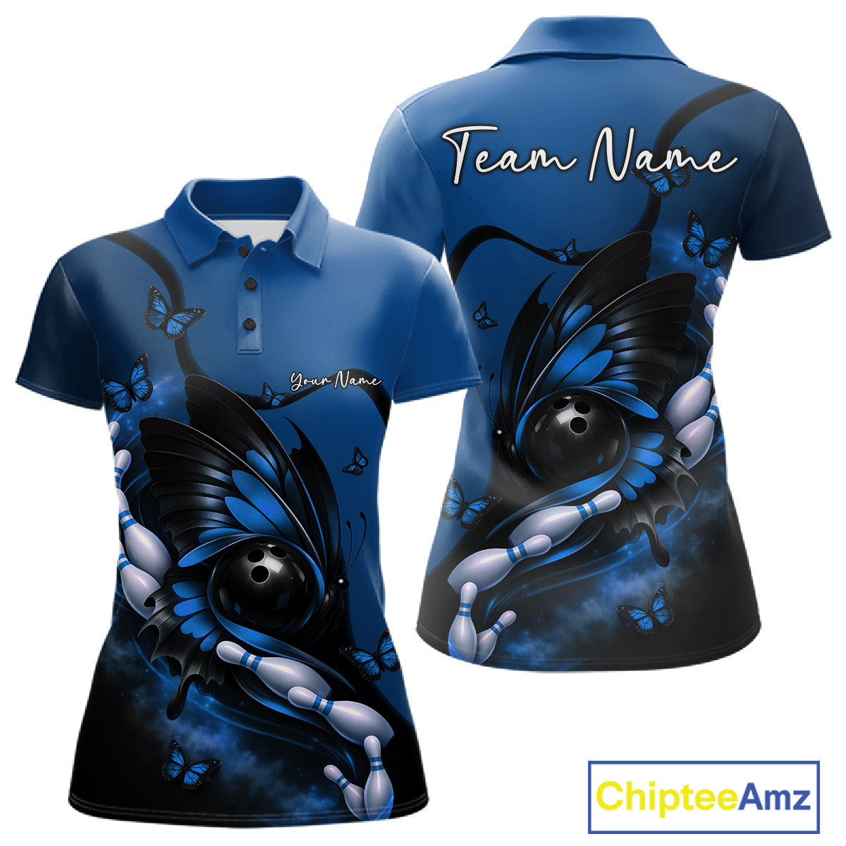 Front and back mockup of a blue and black women’s bowling polo shirt featuring a butterfly wrapped around a bowling ball and bowling pins.