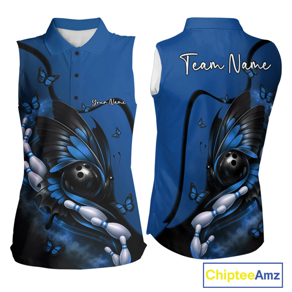 Front and back view of a blue and black women’s sleeveless bowling shirt featuring a butterfly wrapped around a bowling ball beside bowling pins.