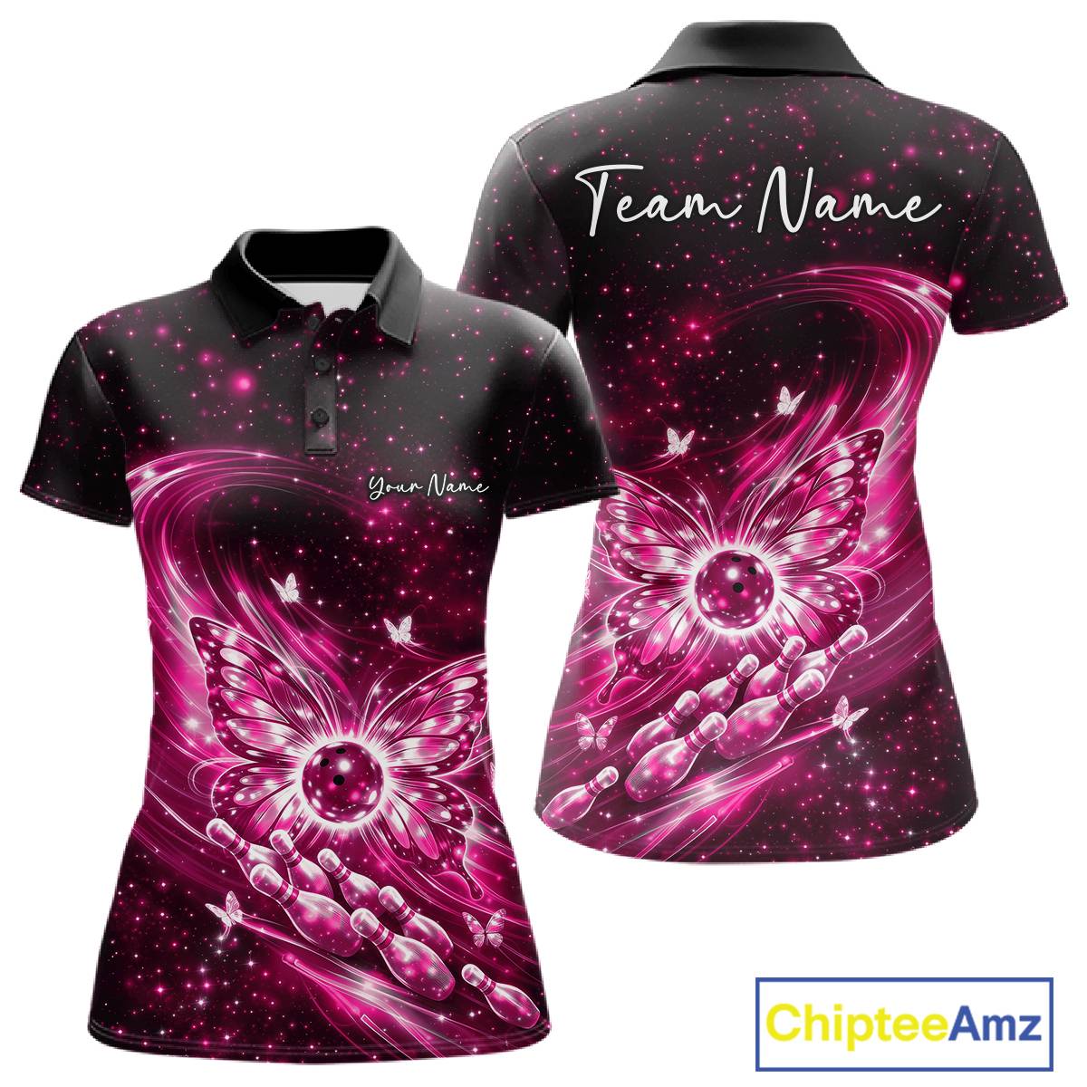 Front and back mockup of a pink women’s bowling polo shirt showcasing glowing butterfly wings around a bowling ball against a galaxy background.