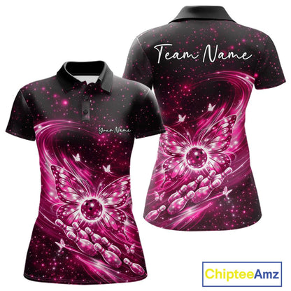 Front and back mockup of a pink women’s bowling polo shirt showcasing glowing butterfly wings around a bowling ball against a galaxy background.
