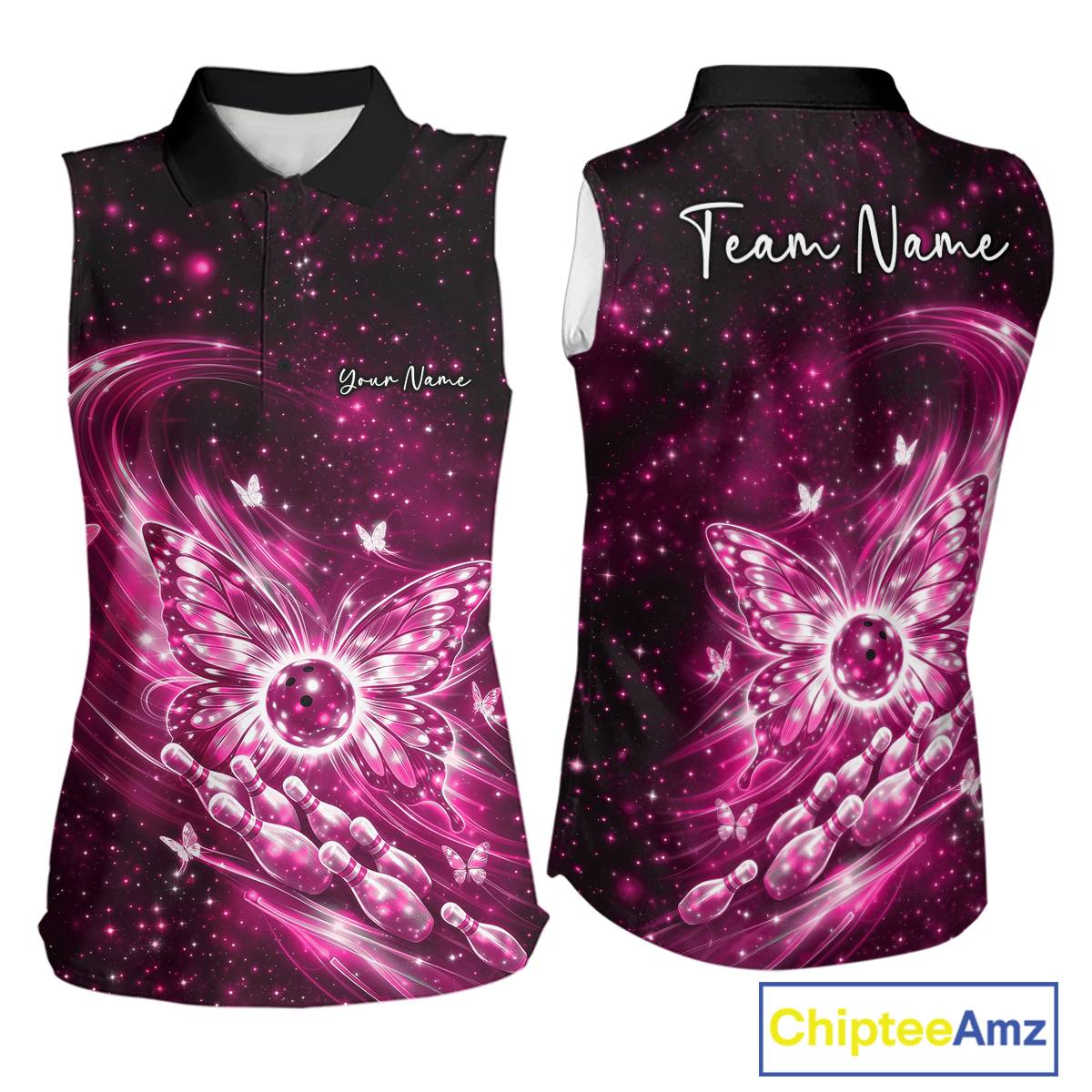 Front and back mockup of a pink women’s sleeveless bowling shirt featuring luminous butterfly wings around a bowling ball with galaxy-inspired artwork.