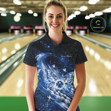 Load image into Gallery viewer, Custom Black And Blue Butterfly Bowling Women Polo Shirts, Galaxy Bowling Shirt IPHW11058