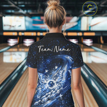 Load image into Gallery viewer, Custom Black And Blue Butterfly Bowling Women Polo Shirts, Galaxy Bowling Shirt IPHW11058