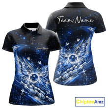 Load image into Gallery viewer, Custom Black And Blue Butterfly Bowling Women Polo Shirts, Galaxy Bowling Shirt IPHW11058