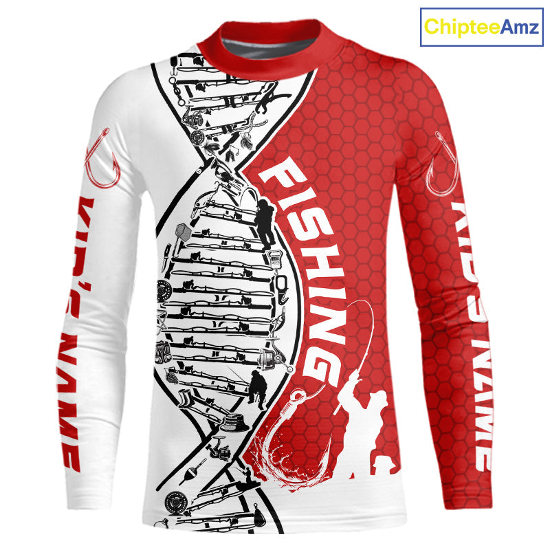 Custom Red And White Fishing Tools Fishing DNA Kid Long Sleeve Tournament Fishing Shirts IPHW9176