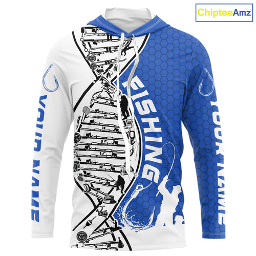 Custom Blue And White Fishing Tools Fishing DNA Long Sleeve Hooded Tournament Fishing Shirts IPHW9177