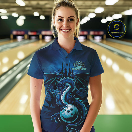 Custom Black And Blue Dragon Bowling Polo Shirts For Women, Dragon League Team Shirt IPHW9532