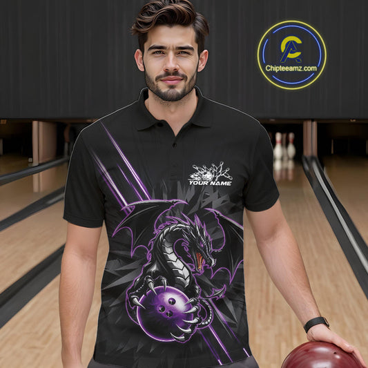 Custom Black And Purple Dragon Bowling Polo Shirts For Men, Dragon Bowling Team Shirt IPHW9538