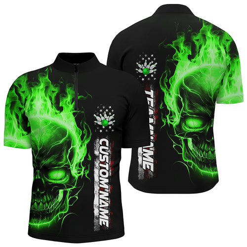 Flame Skull American Flag Custom Team Bowling Shirts For Men, Patriotic Bowling Shirt IPHW5146