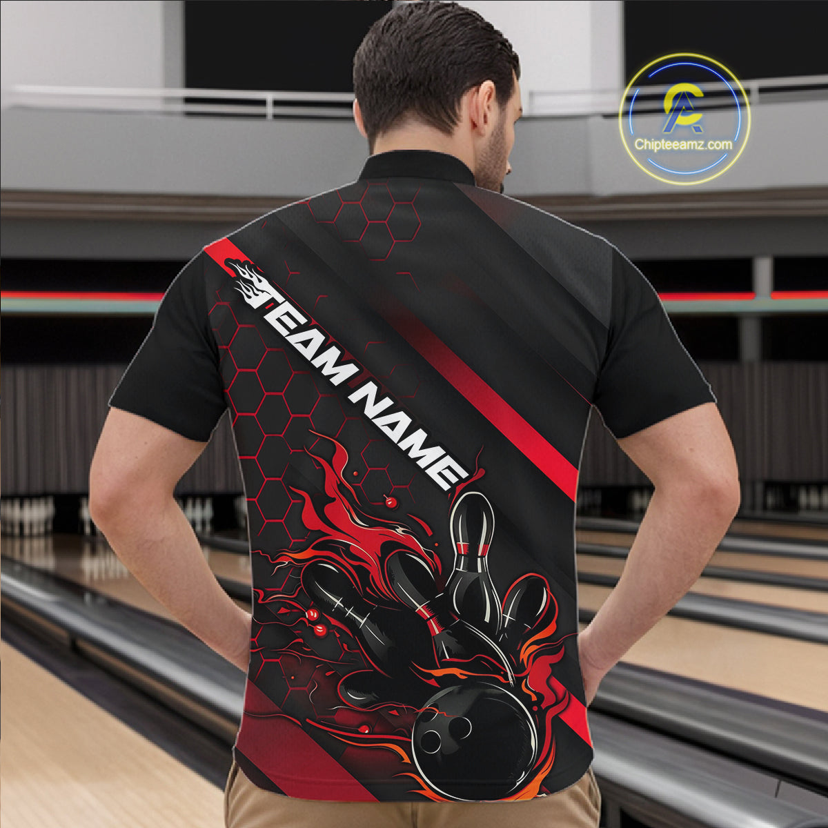 Custom Black And Red Flame Bowling Shirts For Men, Bowling Team Bowling League Shirts IPHW7210