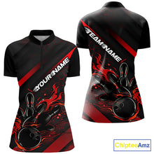 Load image into Gallery viewer, Custom Black And Red Flame Bowling Shirts For Women, Bowling Team Bowling League Shirts IPHW7210