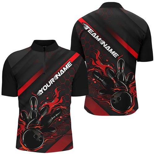 Custom Black And Red Flame Bowling Shirts For Men, Bowling Team Bowling League Shirts IPHW7210