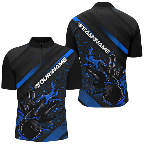 Custom Black And Blue Flame Bowling Shirts For Men, Bowling Team Bowling League Shirts IPHW7212