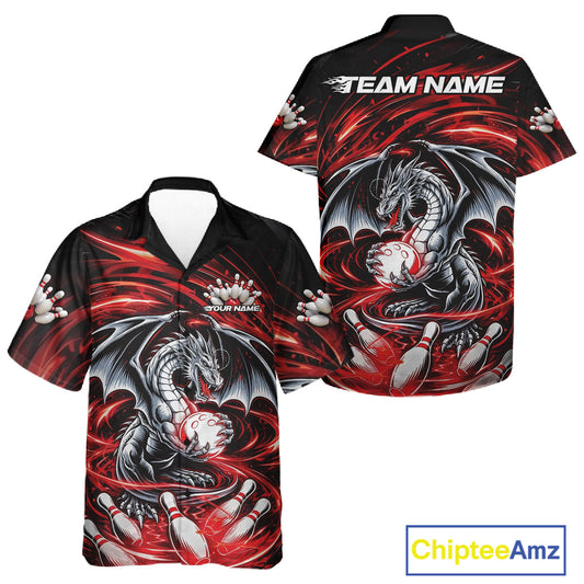 Custom Black And Red Fire Flame Dragon Bowling Jerseys Bowling Team Men And Women Hawaiian Shirt IPHW10291