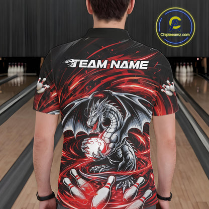 Custom Black And Red Fire Flame Dragon Bowling Jerseys Bowling Team Men Polo Shirt IPHW10291
