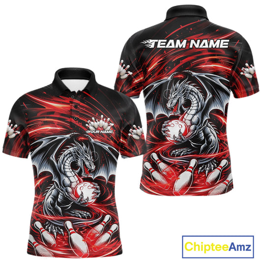 Custom Black And Red Fire Flame Dragon Bowling Jerseys Bowling Team Men Polo Shirt IPHW10291