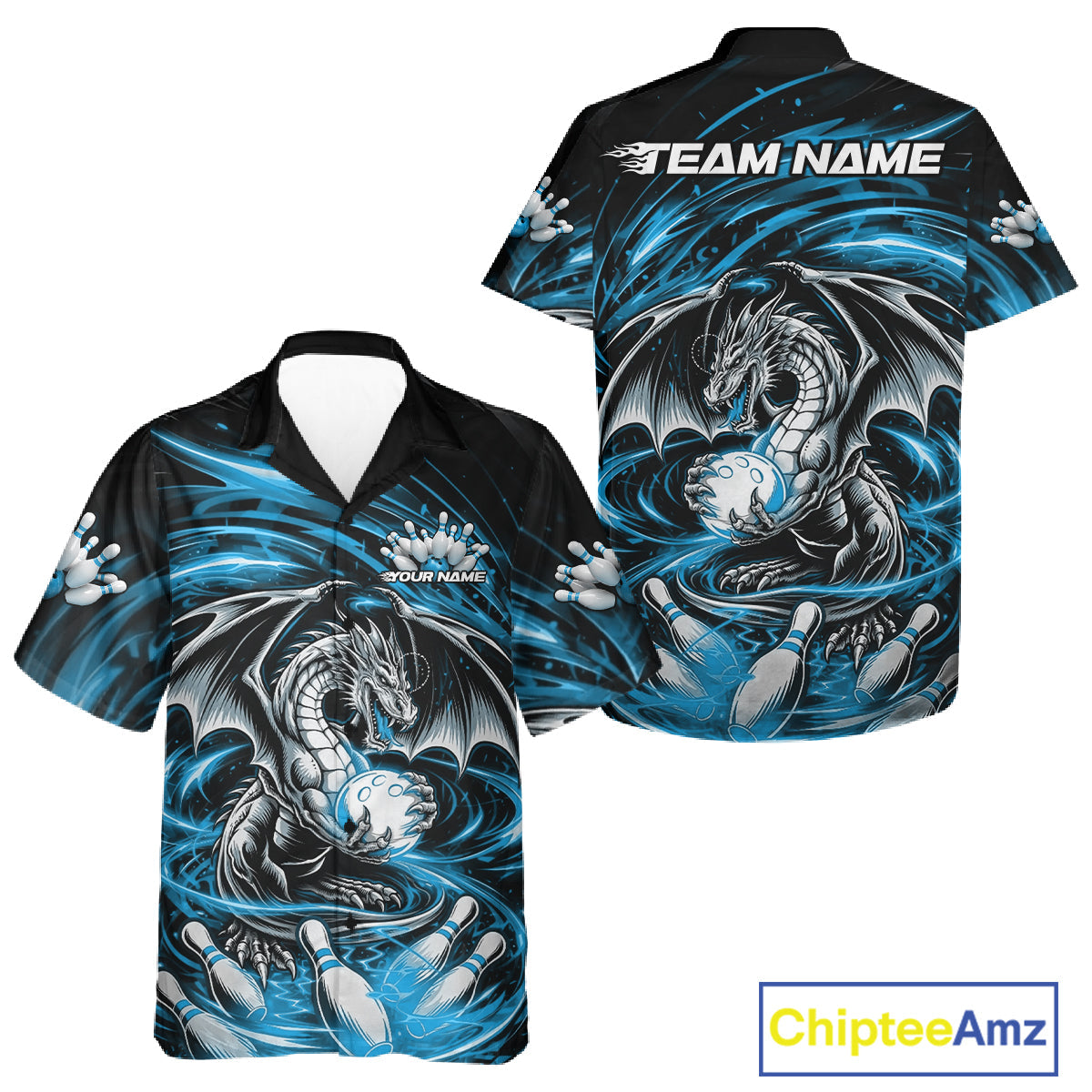 Custom Black And Blue Fire Flame Dragon Bowling Jerseys Bowling Team Men And Women Hawaiian Shirt IPHW10292