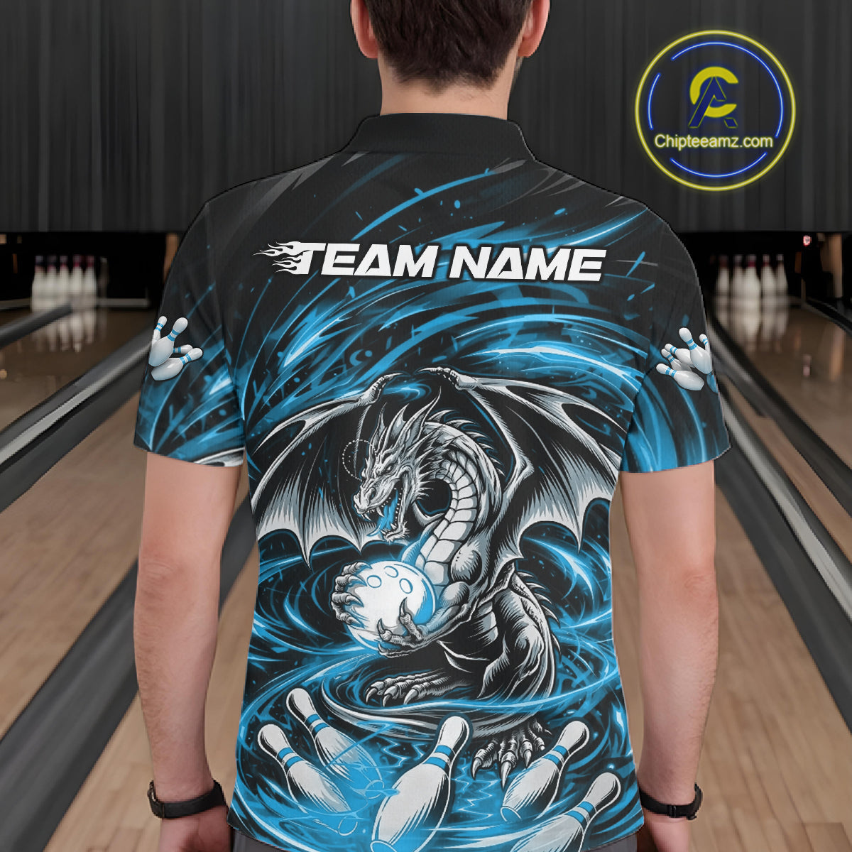 Custom Black And Blue Fire Flame Dragon Bowling Jerseys Bowling Team Men Polo Shirt IPHW10292