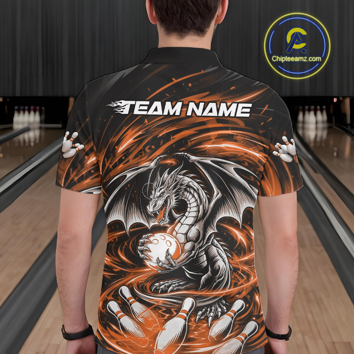 Custom Black And Orange Fire Flame Dragon Bowling Jerseys Bowling Team Men Polo Shirt IPHW10293