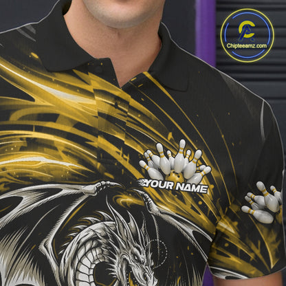 Custom Black And Yellow Fire Flame Dragon Bowling Jerseys Bowling Team Men Polo Shirt IPHW10294
